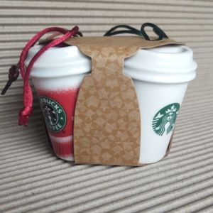 Starbucks 2011 Set of 4 collectable ceramic mini cup ornaments NIB